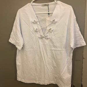 Oversized white lattice front top.